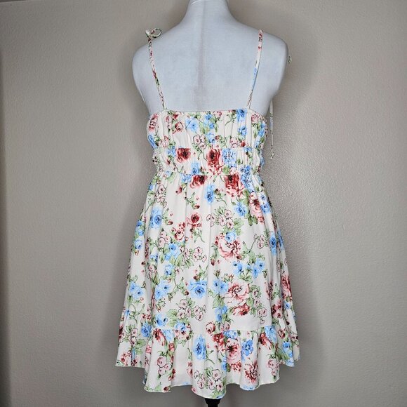 Altar'd State S Cream Floral Mini Babydoll Dress Tie Shoulder Ruffle Hem Cottage - Picture 3 of 5